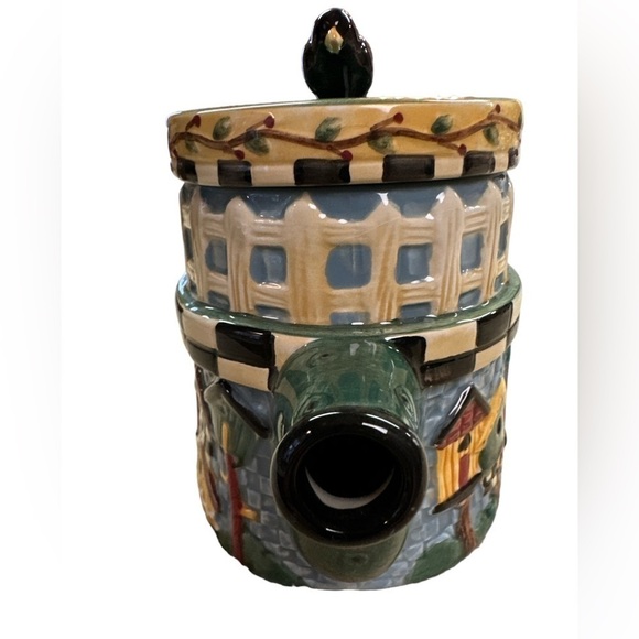 Sakura Debbie Mumm Ceramic Birdhouses Picket Fence Teapot With Blackbird on Lid - Picture 3 of 15